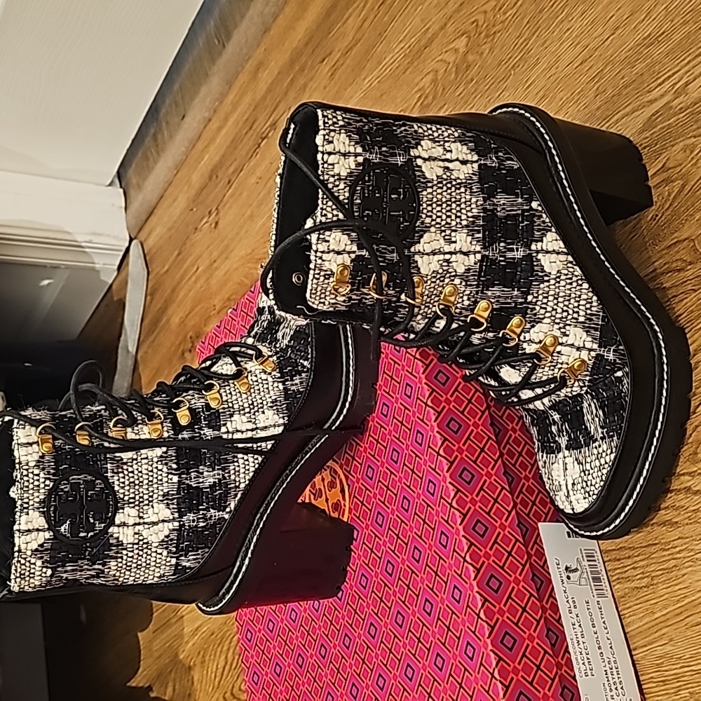 Tory Burch Miller 90mm Lug Sole Bootie - black and white tweed